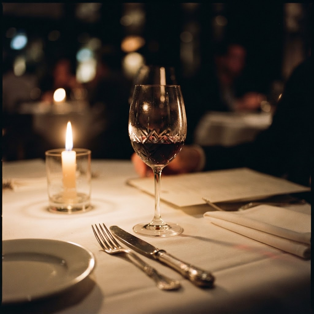 A candlelit table setting with crystal glassware