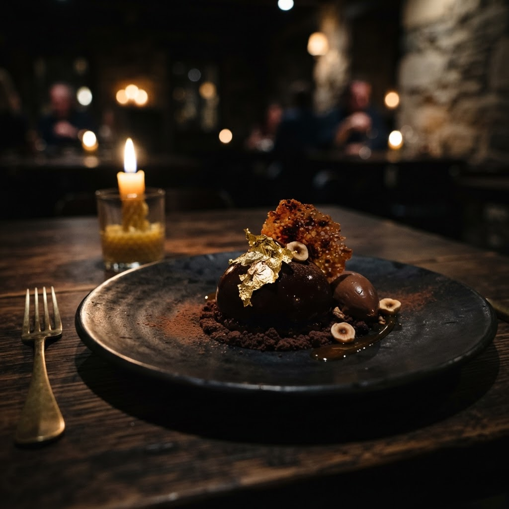 Dark chocolate and burnt honey dessert finished with gold leaf