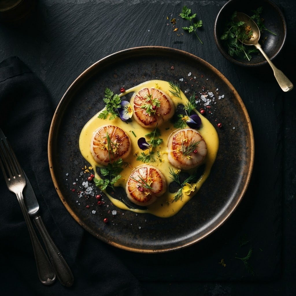 Seared scallops with saffron beurre blanc on a dark ceramic plate
