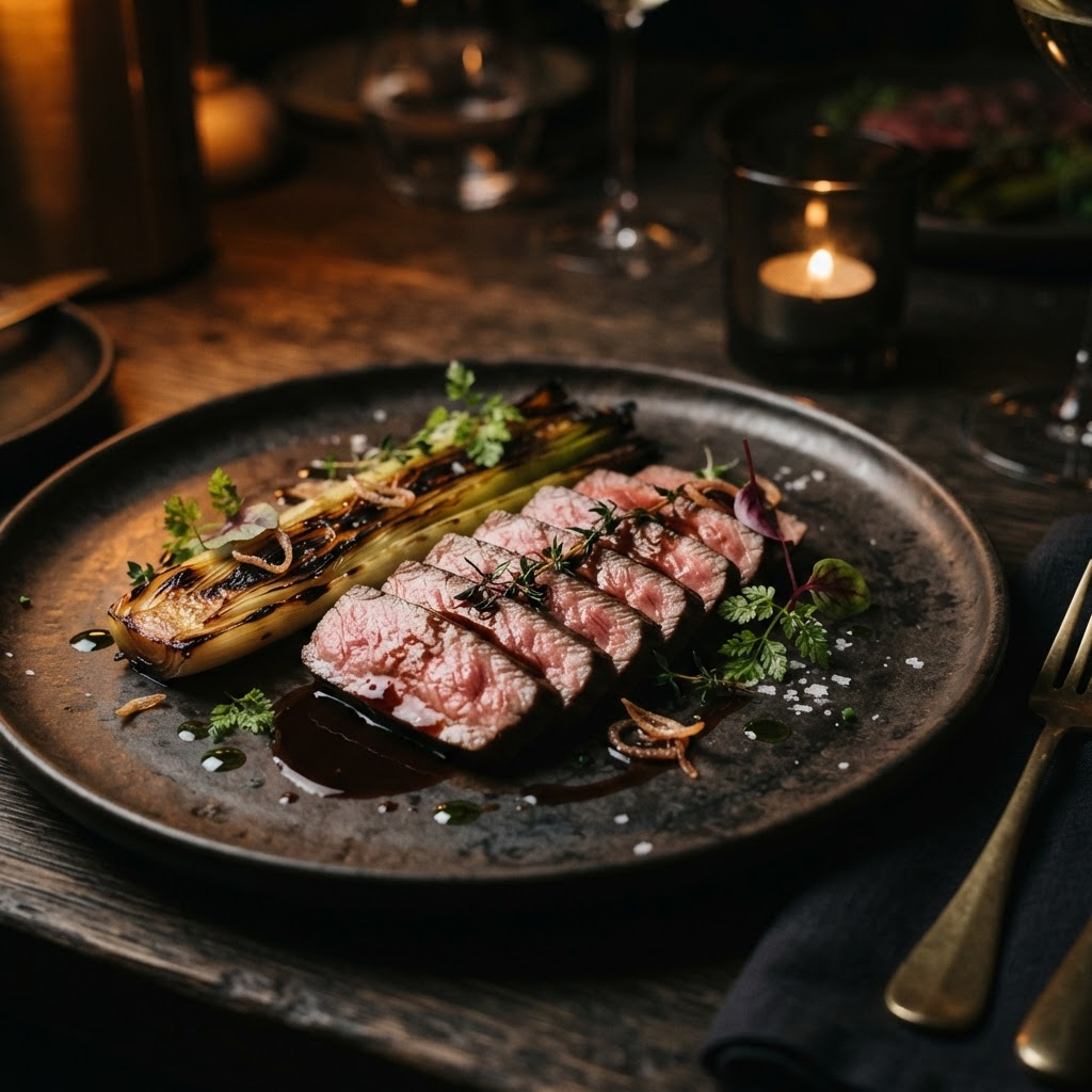 Sliced wagyu beef with charred leek and red wine jus