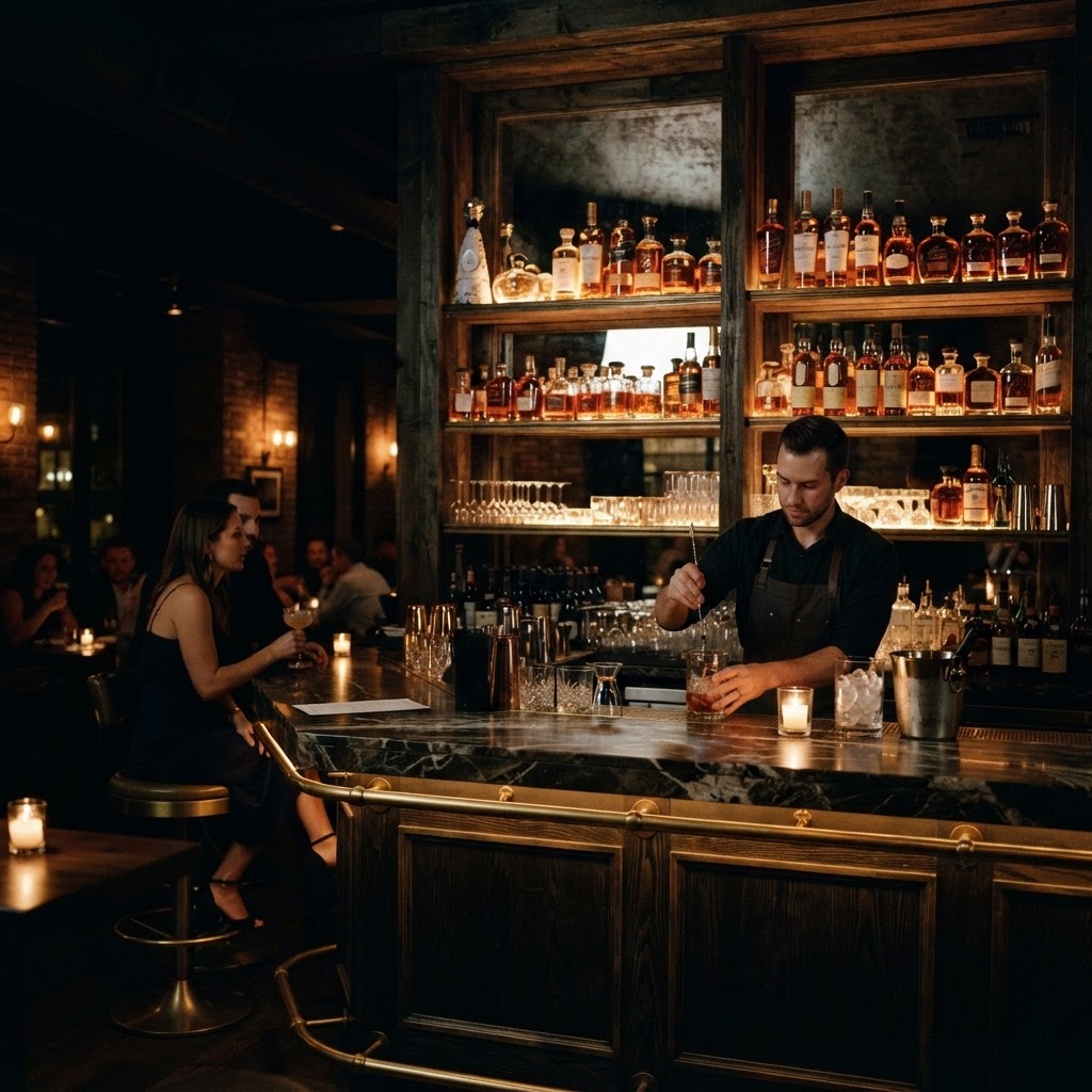 The Nocturne bar, brass and dark marble lit by amber light